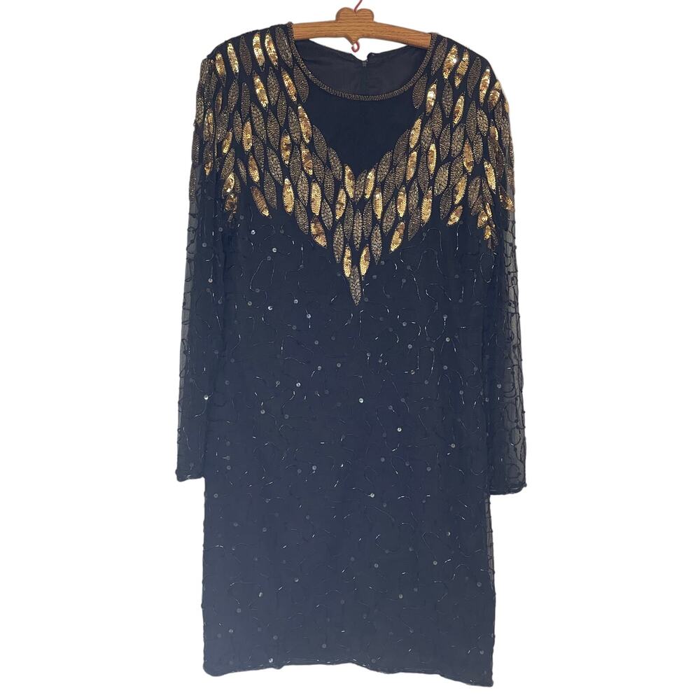 Vintage 1980s 90s Stenay Long Sleeve Dress Sequin Beaded SZ M/L Silk Black Gold